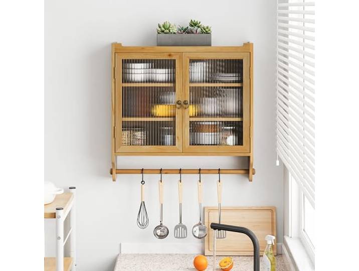 Switdo Vintage Wandschrank in Natur mit 63Glas Tür Doppeltüren Holz Ablagen Schrank mit Glasfront und drei Ablagen