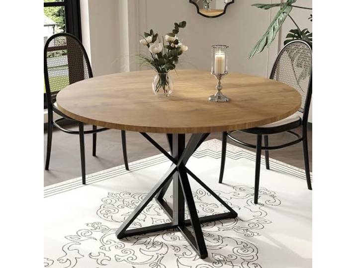 Garvee Runder Esstisch 120 cm für 4 Personen, Eichenholz-Landhausstil mit Säulenfuß, runder Küchentisch aus Holz – perfekt für Feiertage und Familienfeiern in Küche & Esszimmer