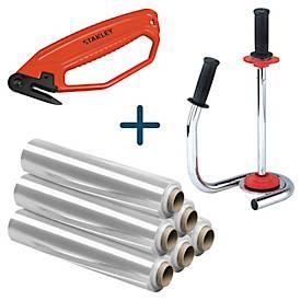 Komplett-Angebot Handwickelgerät, 6 Rollen Stretchfolie, transparent + Cuttermesser, gratis