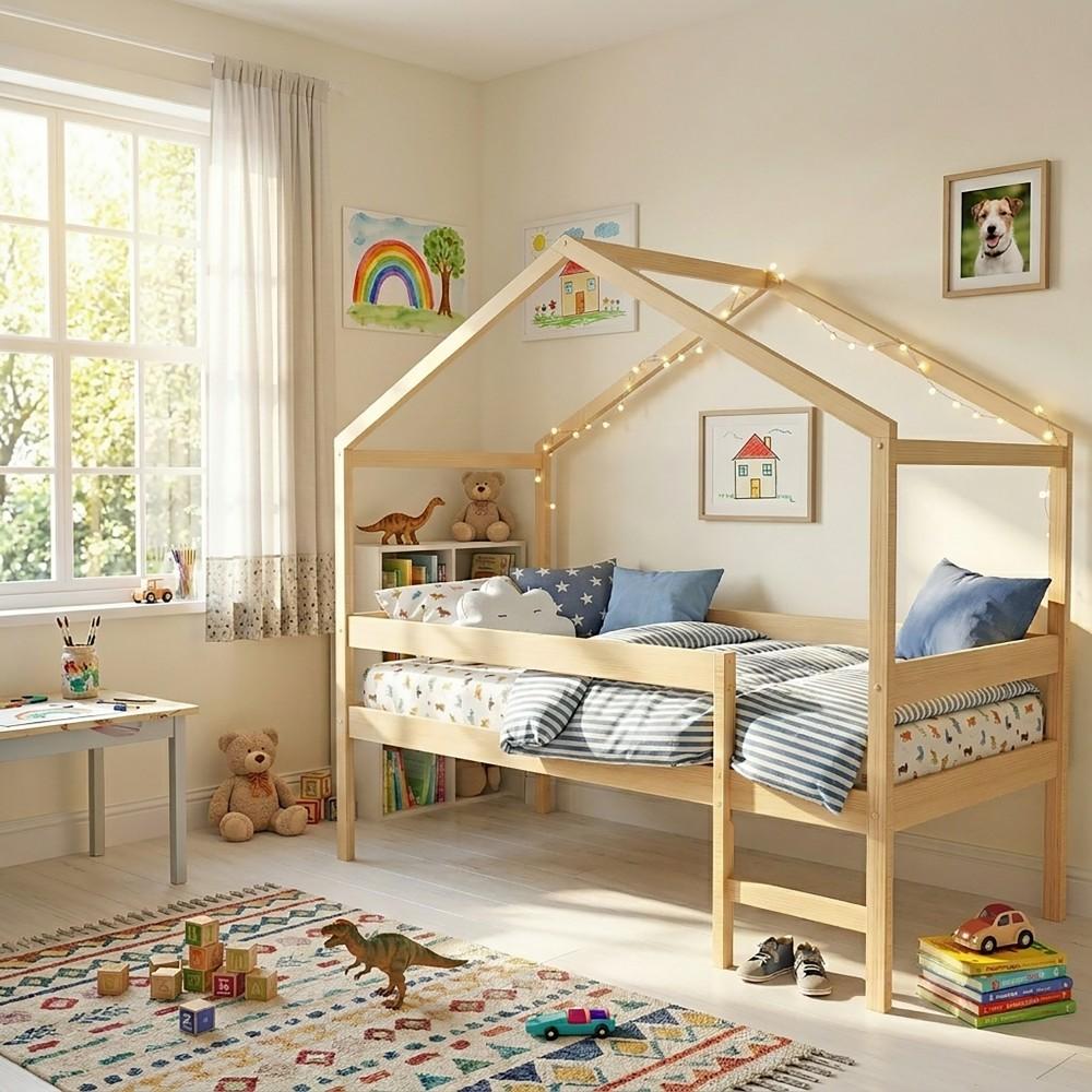 Hausbett MIKA + Lattenrost + Matratze/ Kinderbett 90x190 - Naturholz