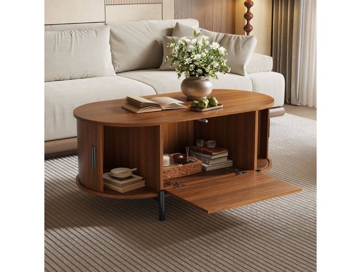 Table basse ovale couleur noyer avec portes en rotin et rangement