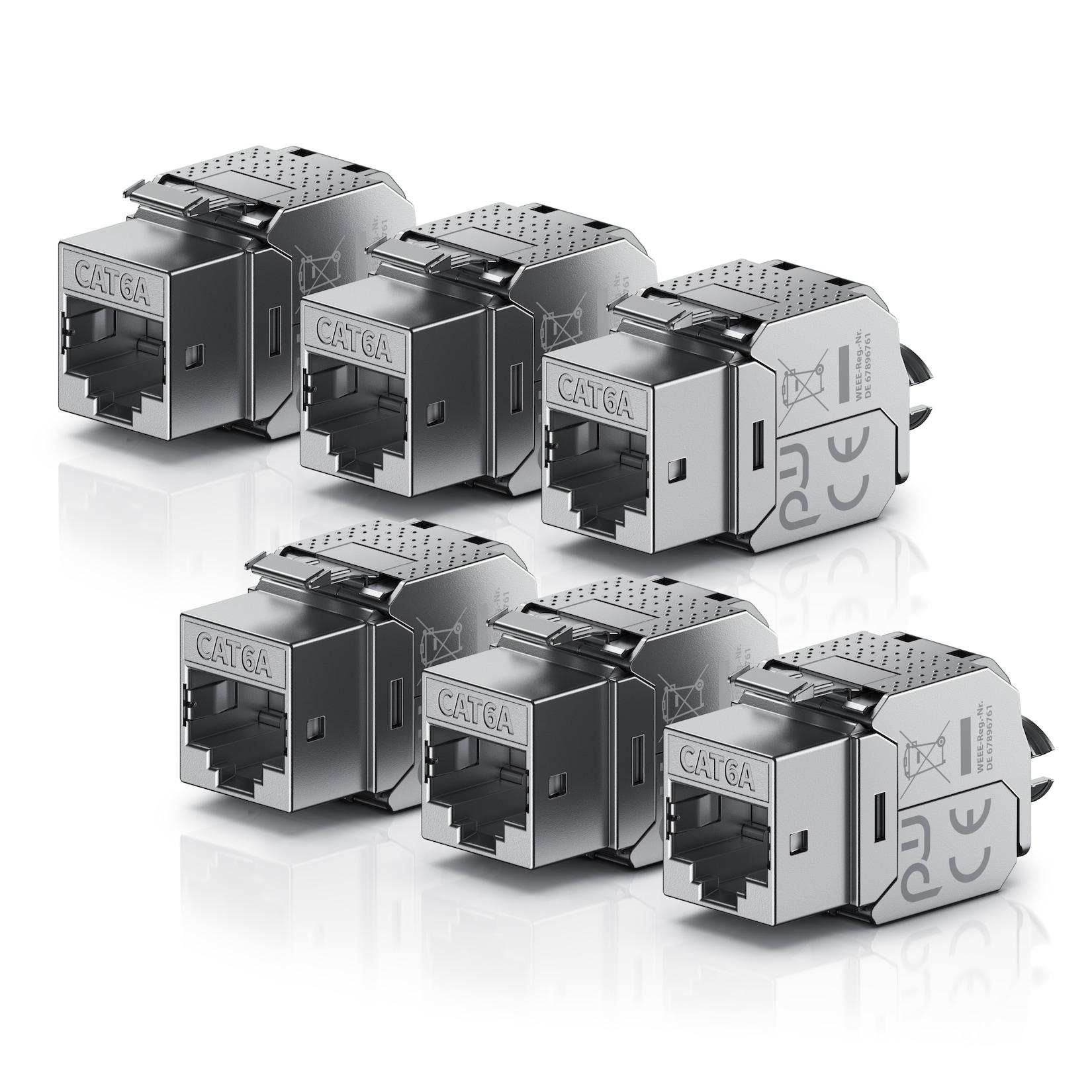 Primewire 6x Netzwerk-Adapter RJ-45 (Ethernet), Buchse zu Netzwerkkabel, CAT.6a Keystone Modul für LAN Kabel, RJ45 Buchse, feldkonfektionierbar