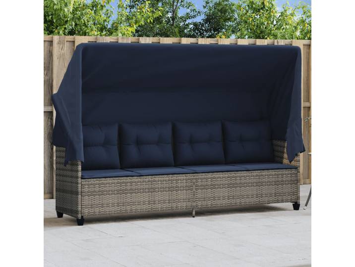 vidaXL Sonnenliege mit Dach und Kissen Grau Poly Rattan