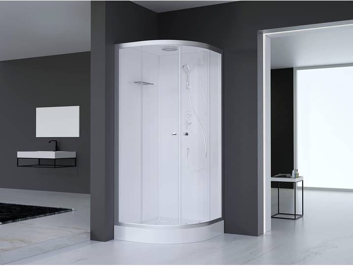 Dusche komplett MARWELL Komplettdusche Fertigdusche Silver Round 90 x 90 x 217 cm - Runddusche mit Fronteinstieg - Duschkabine mit hochwertigen Aluminiumprofilen - Einstiegshöhe 15 cm