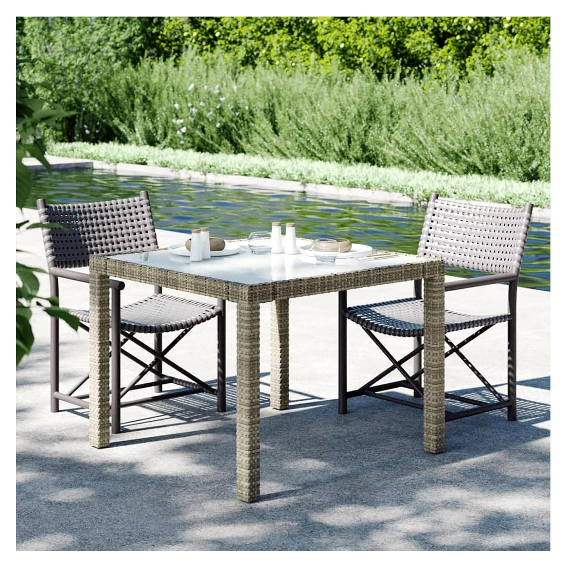 Gartentisch 90x90x75cm aus gehärtetem Glas und Polyrattan in Grau, Tisch für Balkon, Picknick, Hinterhof und Terrasse, Campingtisch für den Garten