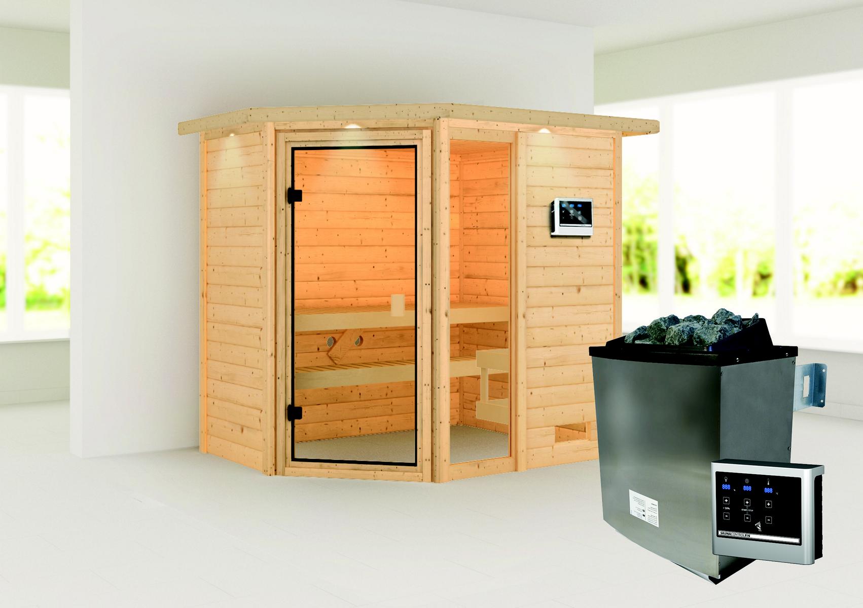 KARIBUHOLZT Sauna Jada Eck, 9KW ext. Strg m.Dachkranz 16880521