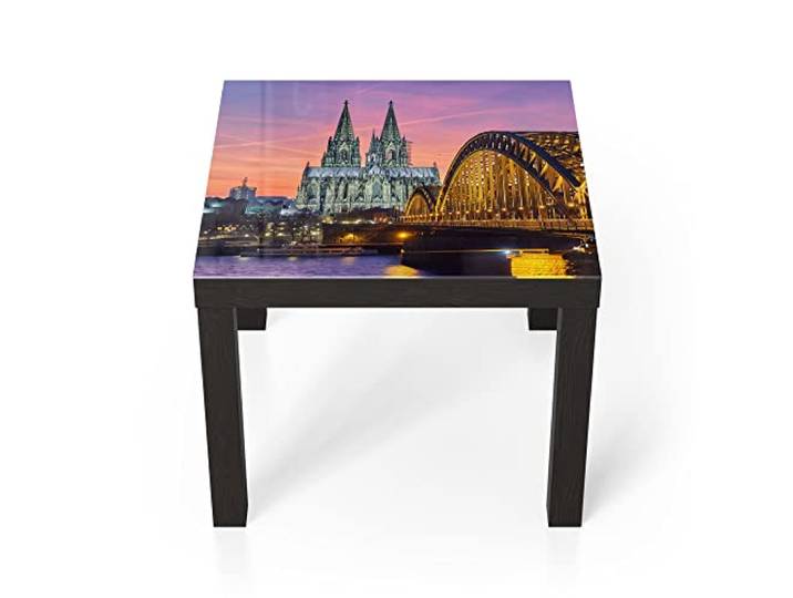 DEQORI Glastisch schwarz klein 55x55 cm Motiv Kölner Wahrzeichen abends ausgefallener Beistelltisch aus Glas Hochglanz Couchtisch fürs Wohnzimmer moderner Couch Tisch mit Design
