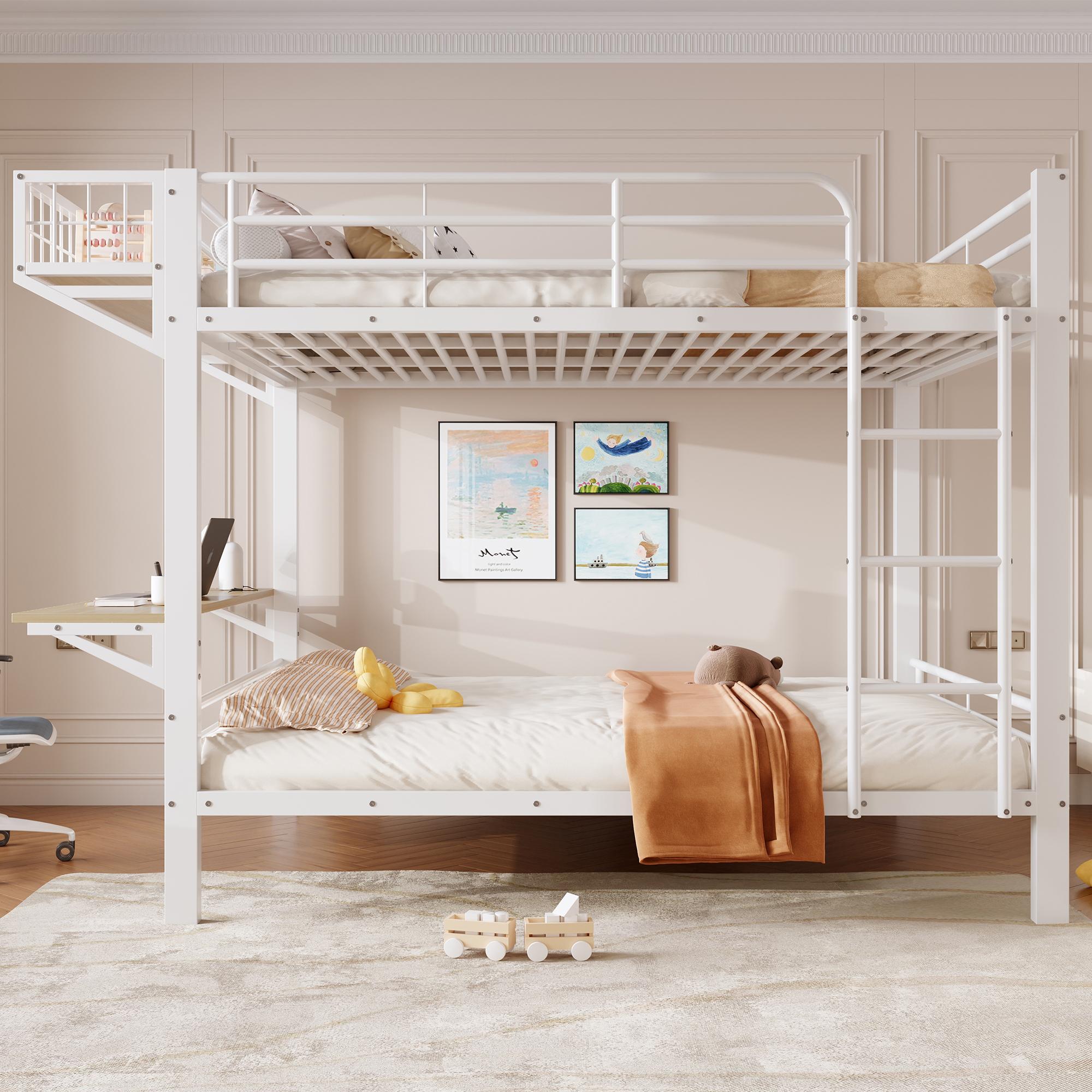 Flieks Etagenbett 140x200cm mit Leiter und Schreibtisch, Jugendbett mit offenem Staufach, Hochbett mit Geländer, Weiß, Metall+MDF