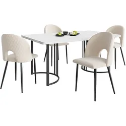 OKWISH Essgruppe 140x80cm mit 4 Samt Esszimmerstühlen Beige, modernes Tisch-Set mit verstellbaren Stuhlbeinen und Marmor-Muster