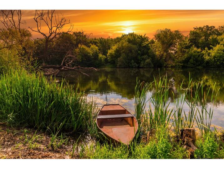 Fototapete PAPERMOON STRAND-SEE BOOT WALD SONNENUNTERGANG BÄUME FLUSS IDYLLE , bunt, B:1,5m L:1,11m, Vlies, Tapeten, Fototapete