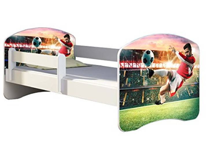 ACMA Kinderbett 180x80 Jugendbett mit Matratze, Rausfallschutz, Lattenrost Weiß, stabil, Kinderzimmer Bett, Jugendmöbel Design 37 Fußballer 2