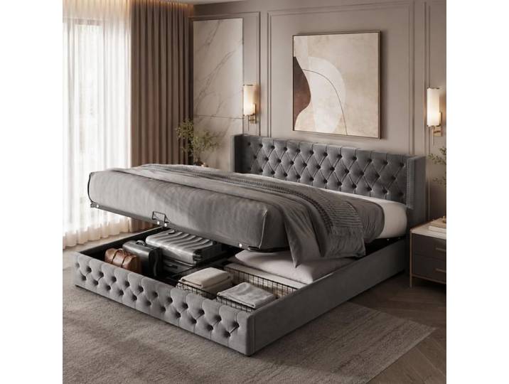 Lit double capitonné 180 x 200 cm en velours tête et pied boutonnés sommier hydraulique tissu antisalissure gris