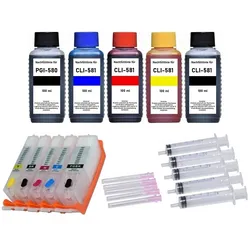 5 wiederbefüllbare Tintenpatronen Canon PGI-580 & CLI-581 + 500 ml Nachfülltinte