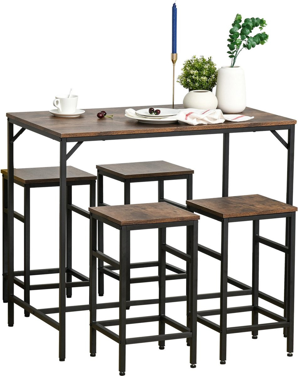 Industriële bartafel set met 4 vintage barstoelen