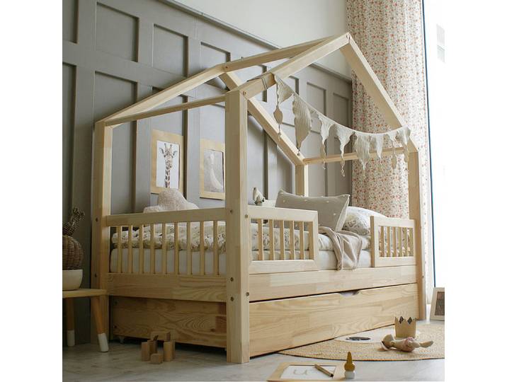 Lit cabane 90x190 barrières sommier et tiroir inclus Iris Bois