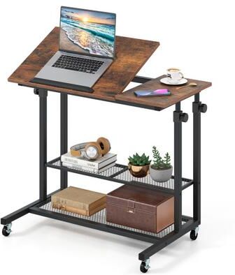 Costway Mobile Stand up Desk Height Adjustable Standing Table with Tilting Tabletop-Rustic Brown