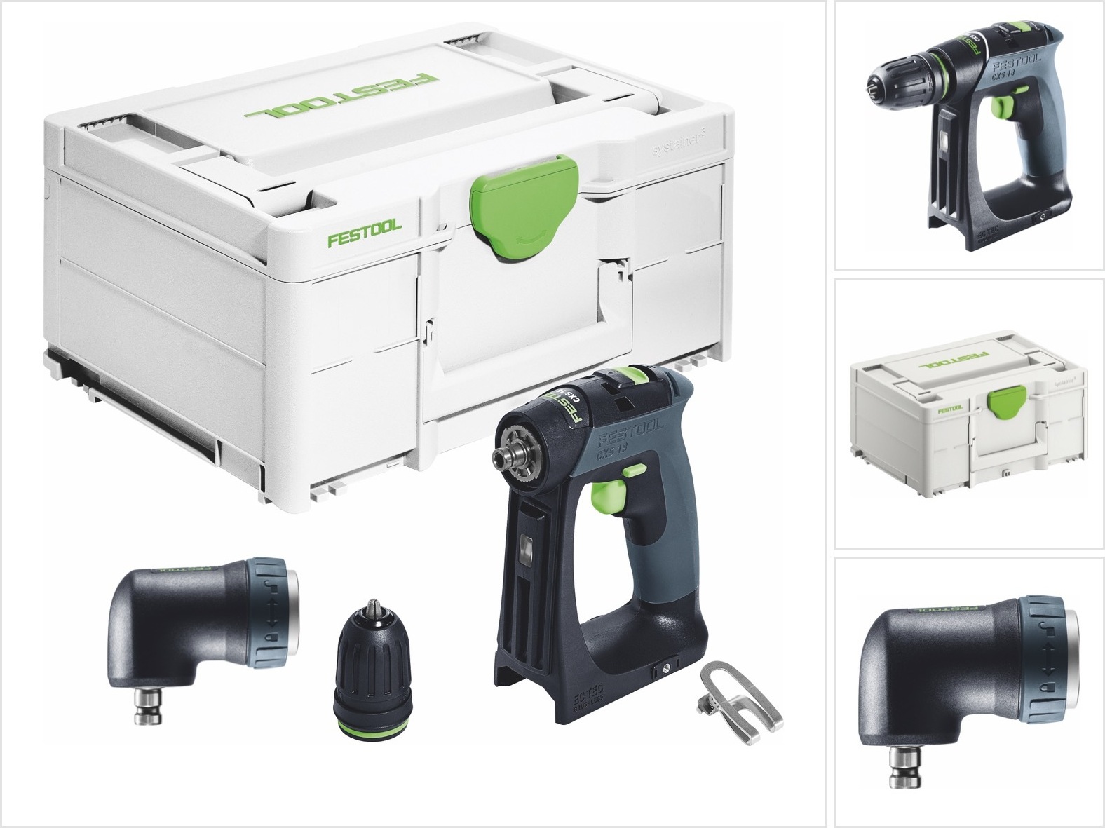 Festool CXS 18-Basic Akku Bohrschrauber 18 V 40 Nm Brushless + Winkelvorsatz + Systainer - ohne Akku, ohne Ladegerät