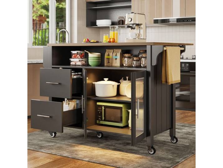 Île de cuisine avec cloisons amovibles Éclairage LED Noir Armoire à buffet Chariot-repas avec plan de travail