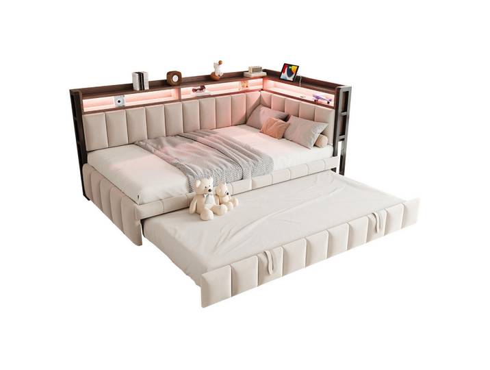 Modfu Polsterbett Schlafsofa Samt 90x200 cm Beige mit Ausziehbett, LED-Beleuchtung, Usb- und Typ-C-Anschlüssen, 90x200 cm, Schlafzimmer, Betten, Polsterbetten