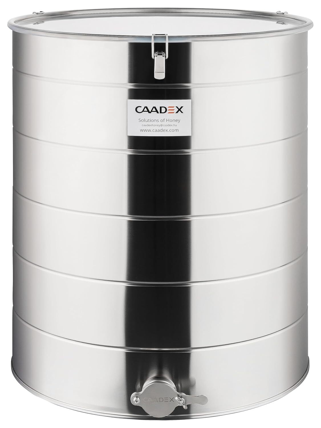 CAADEX Abfüllbehälter für Honig - zum Befüllen - aus säurebeständigem Edelstahl - 180 kg - mit Edelstahlhahn, Dichtung und Klammern - Imkerei