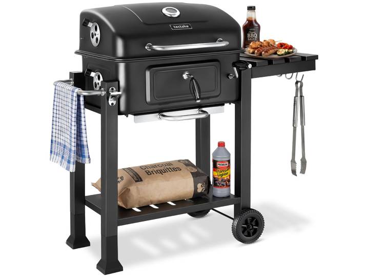Barbecue au charbon de bois Florian avec 2 roues, bac à charbon réglable - noir
