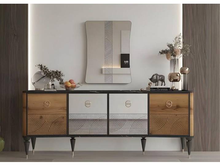 Xlmoebel Kommode XLMOEBEL Anrichte mit Spiegel in Braun aus Holzfurnier und MDF (Einzelartikel, Anrichte, Spiegel), Made in Europa