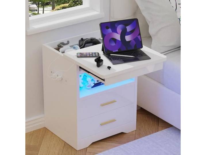 Table de Chevet - VIVOLILV - Brillance - 3 tiroirs - Verrouillables - LED