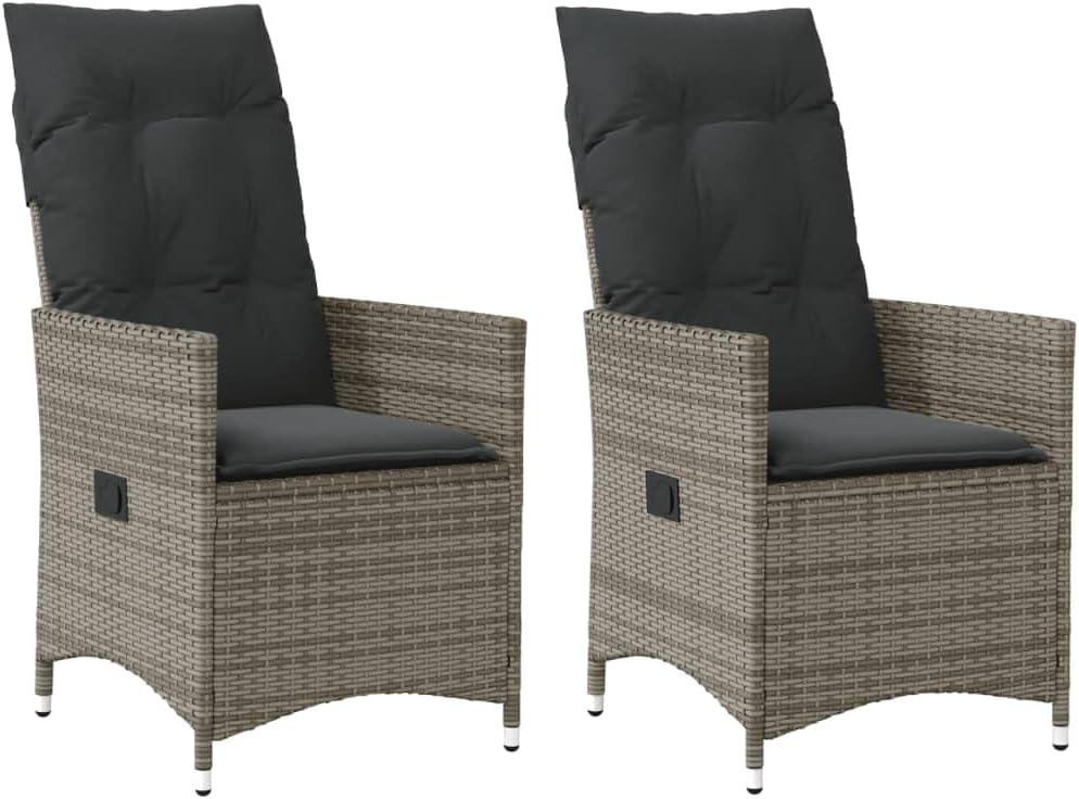 Verstellbares 2er-Set Gartenstühle aus grauem Polyrattan, 56 x 59 x 92 cm, mit dicken Kissen für Balkon, Terrasse und Campingplatz