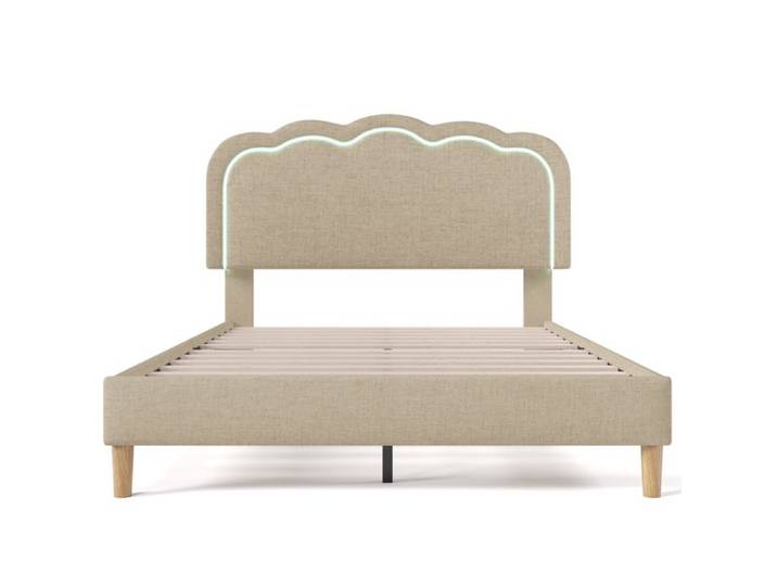 BEL Lit capitonné LED double 140 x 200 cm cadre lattes tête réglable lin beige chambre enfant/amis