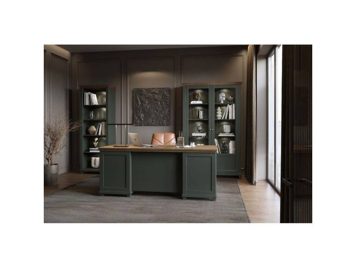 Ensemble bureau ASSIA vert foncé et bois – Bureau 180 cm + bibliothèque + vitrine 2 portes vitrées