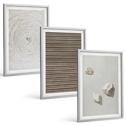 BILDER SET 3er Set - 40x60 cm Silberner Rahmen - Natürliche Texturen Holz Stein