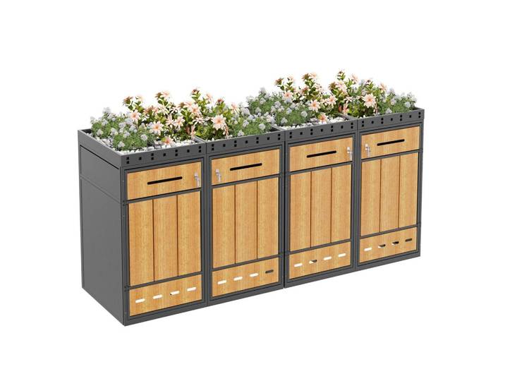 Modfu Mülltonnenbox aus Stahl in Grau Holzoptik mit Pflanzdach & Schloss, Metall, 264x124x80 cm, Gartenzubehör, Mülltonnenbox
