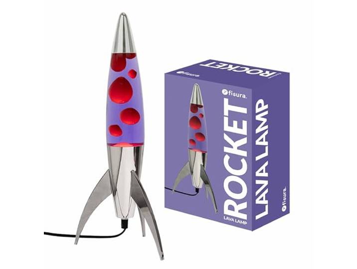 Fisura - Paarse lavalamp rocket . Verchroomde basis, paarse vloeistof en rode lava. Retro lavalamp met een reserve gloeilamp. 20 cm x 20 cm x 45 cm.