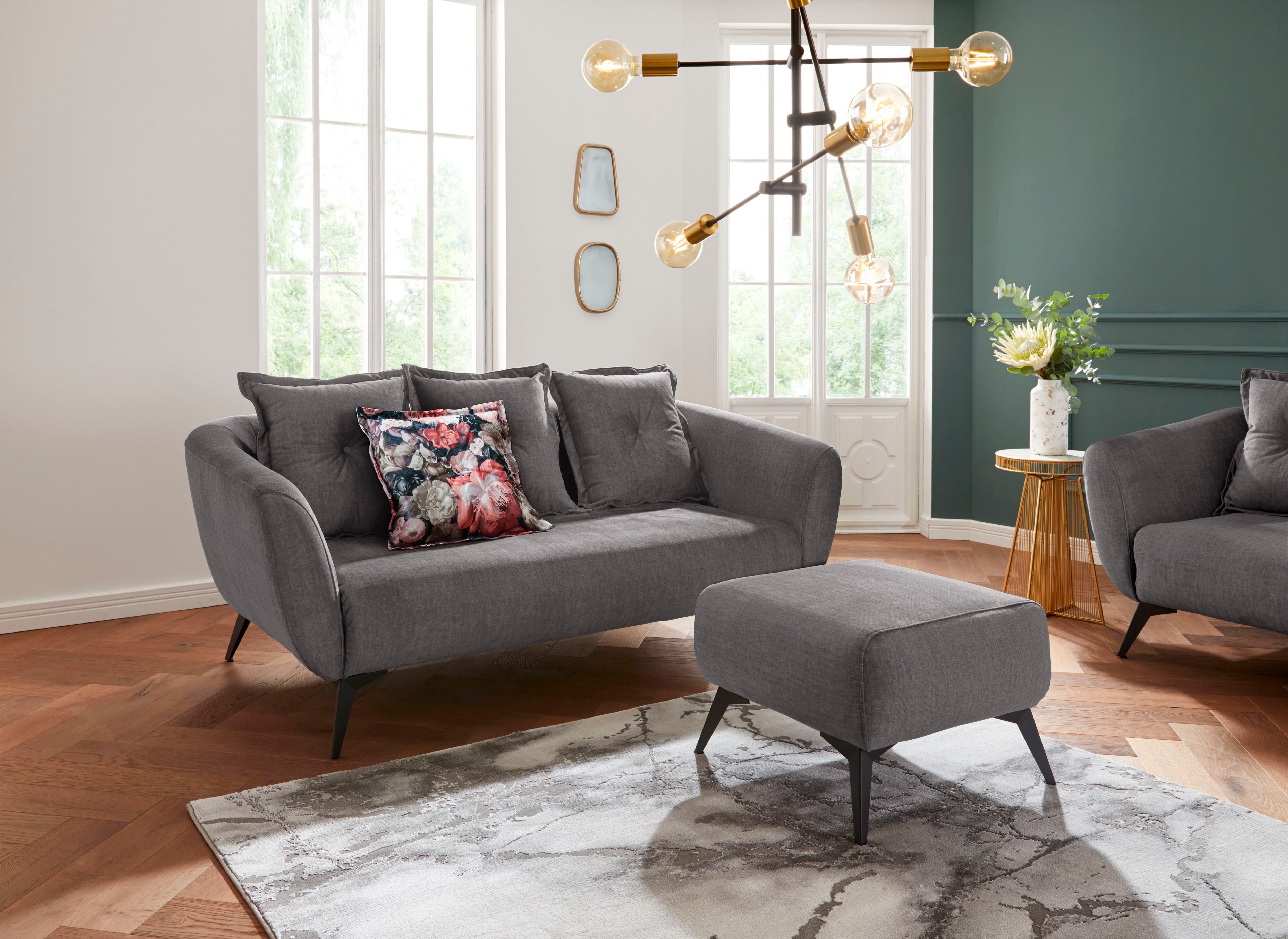 2,5-Sitzer HOME AFFAIRE "Baggio, Breite 196 cm, modern romantisches Design", schwarz (asche), B:196cm H:80cm T:103cm, Sofas, 2 5-Sitzer, Zierkissen inklusive, Komfortsitzhöhe 45 cm, schwarze Metallfüsse asche B/H/T: 196cm x 80cm x 103cm, Veloursstoff