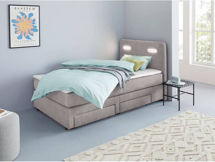 Boxbett, Polyester, Grau, 127×211 cm, Mit Schubkästen & LED-Beleuchtung, Modern, Inosign