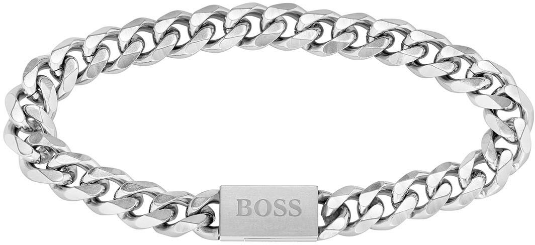 Armband BOSS "Schmuck Edelstahl Armschmuck Panzerkette CHAIN LINK" Gr. M, silber (edelstahlfarben), Armbänder, Damen, M, Edelstahl, Armband, mit Zirkonia (synth.) edelstahlfarben M, Edelstahl