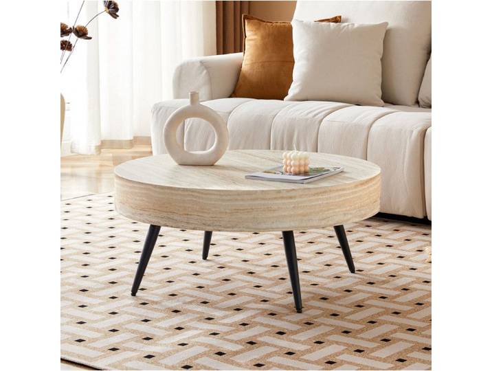 Table basse ronde SENVIRO Travertin clair 70 cm Noir et bois