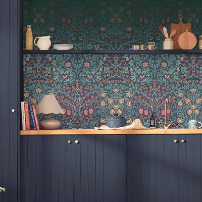 Vliestapete "Blackthorn", blau, B:10m L:2,5m, Vlies, WILLIAM MORRIS AT HOME, Tapeten, Designer Tapete, 10mx52cm (ca. 5m2)