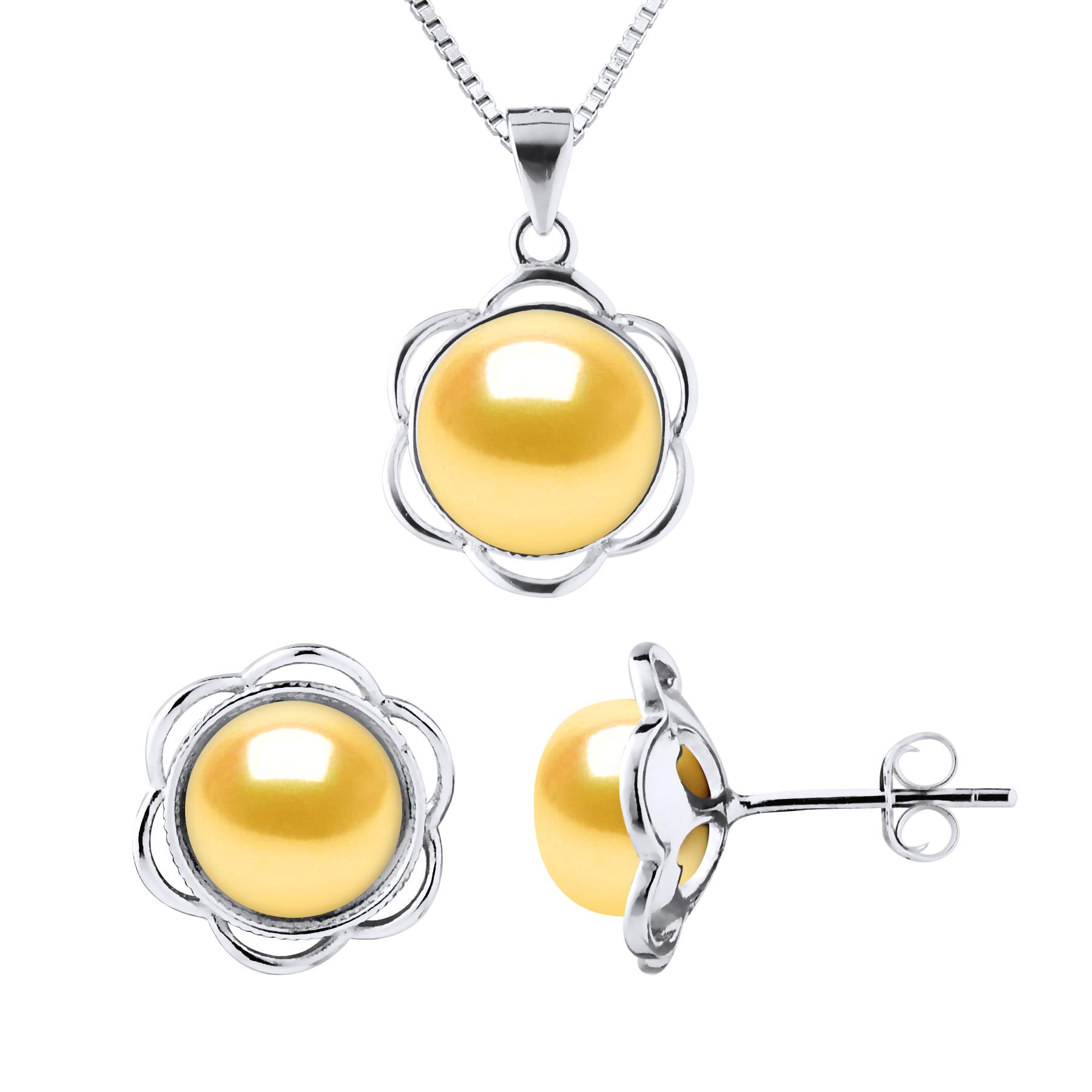 Versiering ketting en oorbellen PETAL Freshwater Pearl 8-9mm Golden 925
