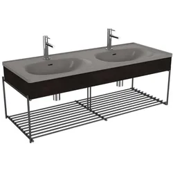 VitrA Equal Doppelmöbelwaschtisch-Set 66067 132,5x52cm, Möbelwaschtisch asymmetrisch, steingrau matt, mit Holzblende ulme
