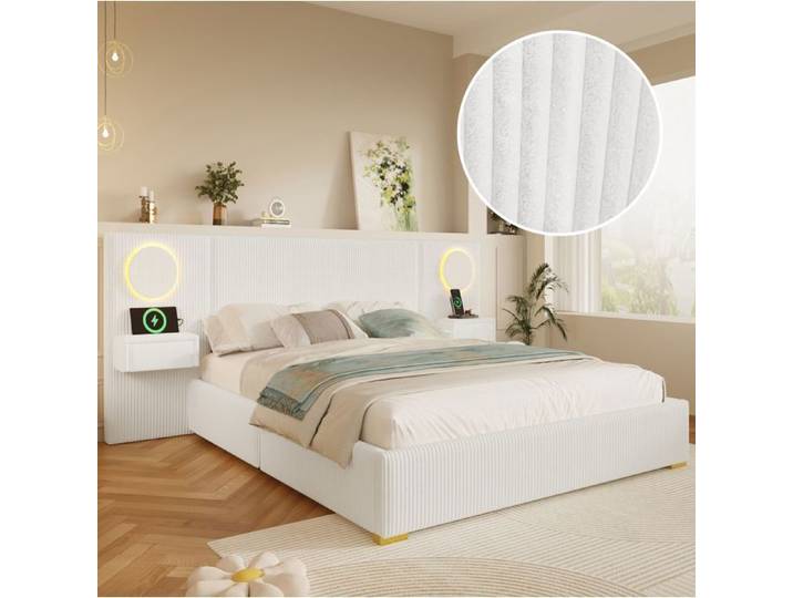 WUVRIE Lit rembourré 180 x 200 cm en velours beige avec tête de lit LED USB et chevets intégrés