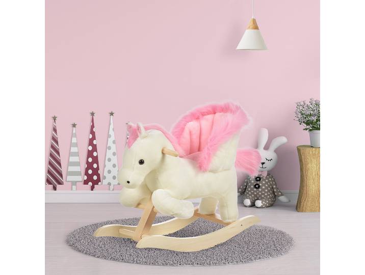 HOMCOM Cheval à Bascule Musical Peluche Bois Blanc Rose