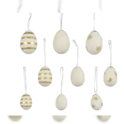 Decoris 12 Ostereier zum Aufhängen 2,5 - 6cm bruchfeste Plastikeier Kunststoffeier Osterdeko Kunststoff  Deko Eier Hängend Hängedeko Frühlingsdeko Weiß Gold