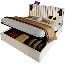 Polsterbett 140x200 mit Stauraum, verstellbarem Kopfteil und Leselicht – Beige Baumwolle, integrierte USB- und Type-C-Anschlüsse, stabiler Stahlrahmen