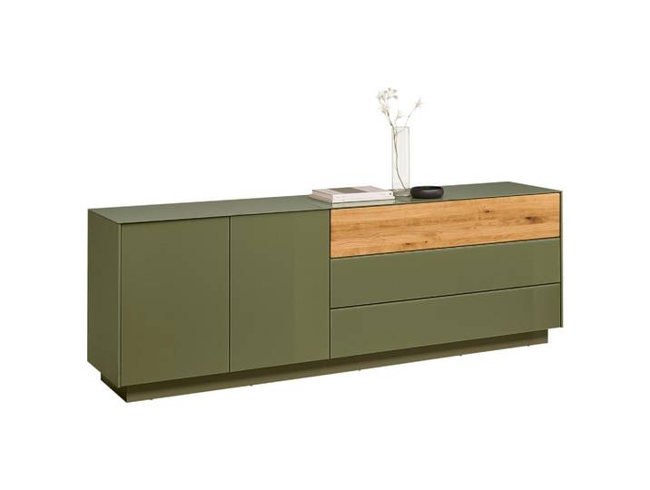 Novel Lowboard Triest, Eiche, Olivgrün, Holz, Glas, Eiche, massiv, 2 Fächer, 2 Schublade(n) Schubladen, 207x69x42 cm, DIN EN ISO 9001, individuell planbar, Beimöbel erhältlich, stehend, Abdeckplatte aus Glas, spiegelbildliche Montage möglich, Holzmöbel, Kleinmöbel Holz, Holzkommoden, Lowboards Holz