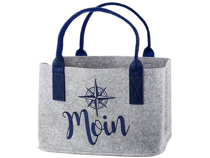 Einkaufsshopper GILDE Tasche, Moin , Schriftzug, Windrosenmotiv, Filz, grau , grau, B:40cm H:26cm T:26cm, Kunststoff, Einkaufskörbe, Einkaufsshopper, Windrose, Einkauf, Alltagsbegleiter, Geschenkidee, Aufbewahrung
