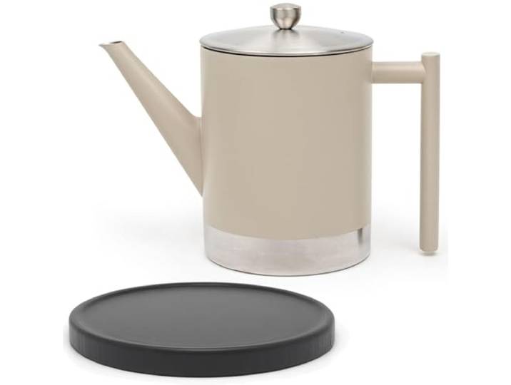Bredemeijer doppelwandige Edelstahl Teekanne taupe 1.2 Liter - große isolierende Edelstahlkanne Set mit schwarzem Holz-Untersetzer & Teefilter-Sieb