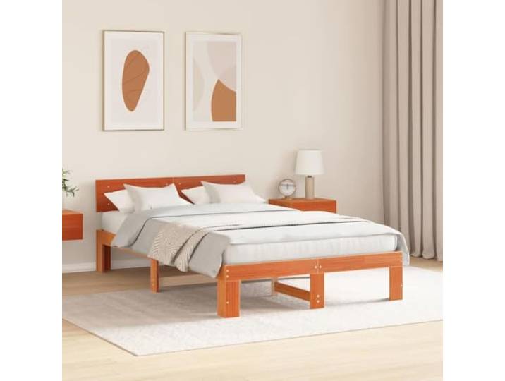 KTHLBRH Bettgestell braun gewachst 135 x 190 cm Massives Kiefernholz, minimalistisches Design, rechteckige Form, einfache Montage