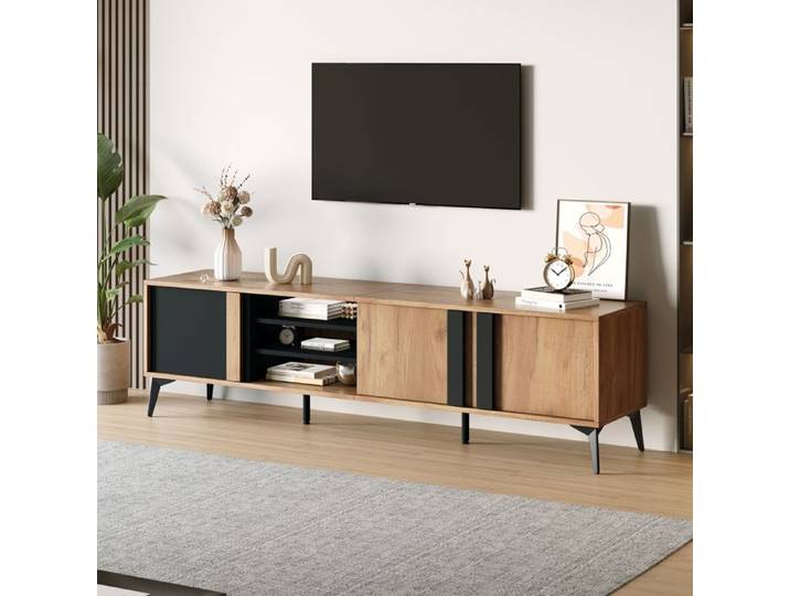 Meuble TV rétro 180cm de long meuble TV en bois à 3 portes avec étagères ouvertes adapté aux téléviseurs de moins de 80 pouces