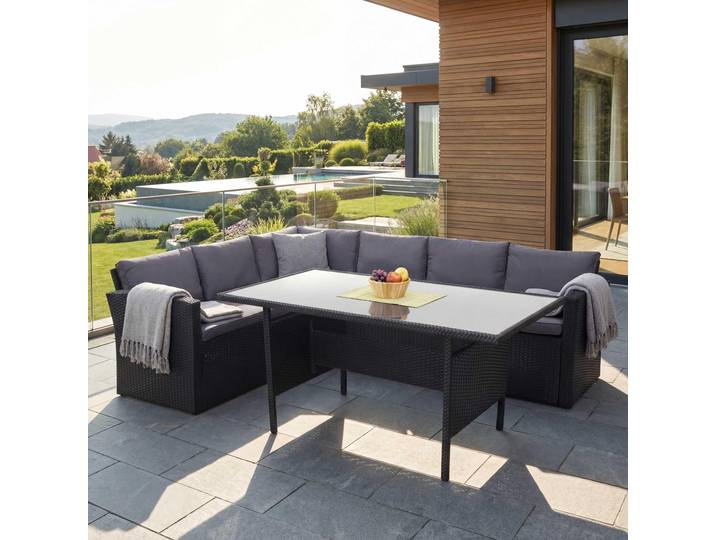 Poly-Rattan-Garnitur HWC-A29, Gartengarnitur Sitzgruppe Lounge-Esstisch-Set, schwarz Kissen dunkelgrau